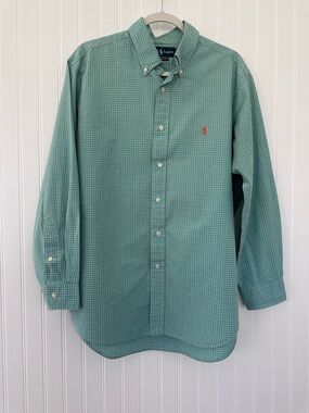 Ralph Lauren VTG Green Check Button-Down Orange Pony 16 1/2 32/33 Shirt GUC